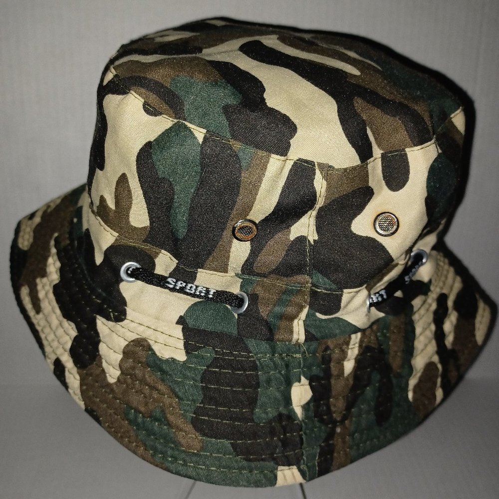 SPORT CAMO PRINT DRAWSTRING BUCKET HAT